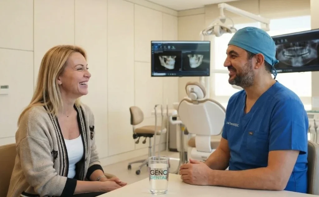 Ataşehir tüm ağız implant tedavisi sonrası hastamızla birlikte Dt. Fikret Geç 32 diş implant